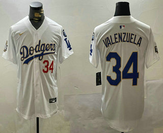 Men's Los Angeles Dodgers #34 Fernando Valenzuela Number White Gold 2024 World Series Limited Fashion Stitched Jersey