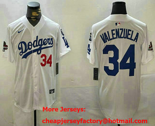 Men's Los Angeles Dodgers #34 Fernando Valenzuela White 2024 World Series Champions Fernando 34 Patch Limited Jersey