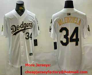 Men's Los Angeles Dodgers #34 Fernando Valenzuela White Gold 2024 World Series Stitched Cool Base Jersey