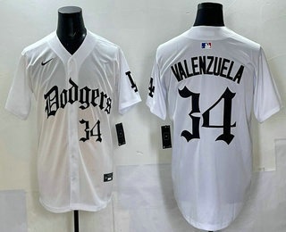 Men's Los Angeles Dodgers #34 Fernando Valenzuela White Gothic Style Vapor Limited Stitched Baseball Jersey