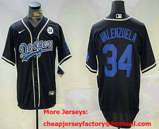 Men's Los Angeles Dodgers #34 Fernando Valenzuela Black 34 Patch Cool Base Stitched Jersey