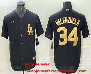 Men's Los Angeles Dodgers #34 Fernando Valenzuela Black Gold Cool Base Stitched Baseball Jersey