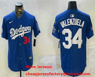 Men's Los Angeles Dodgers #34 Fernando Valenzuela Blue 2024 World Series 34 Patch Limited Stitched Jersey