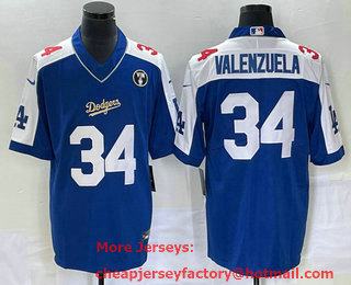 Men's Los Angeles Dodgers #34 Fernando Valenzuela Blue Vin Scully Patch Pullover Stitched Jersey