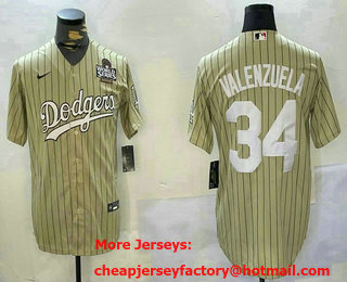 Men's Los Angeles Dodgers #34 Fernando Valenzuela Cream Pinstripe 2024 World Series Stitched Cool Base Nike Jersey 11