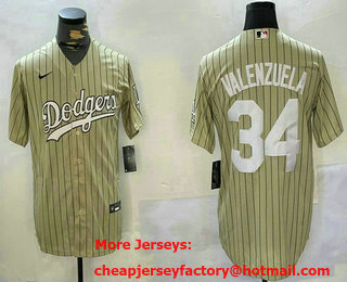 Men's Los Angeles Dodgers #34 Fernando Valenzuela Cream Pinstripe Stitched Cool Base Nike Jersey