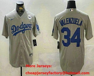 Men's Los Angeles Dodgers #34 Fernando Valenzuela Grey 34 Patch Cool Base Stitched Jersey
