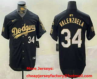 Men's Los Angeles Dodgers #34 Toro Valenzuela Number Black Gold 2024 World Series 34 Patch Limited Stitched Jersey