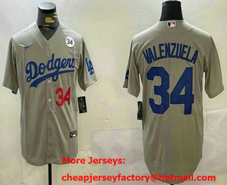 Men's Los Angeles Dodgers #34 Fernando Valenzuela Number Grey 34 Patch Cool Base Stitched Jersey