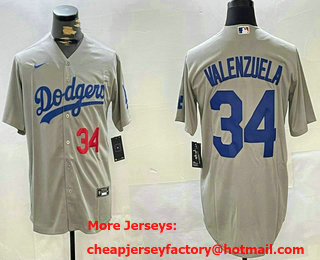 Men's Los Angeles Dodgers #34 Fernando Valenzuela Number Grey Cool Base Stitched Jersey