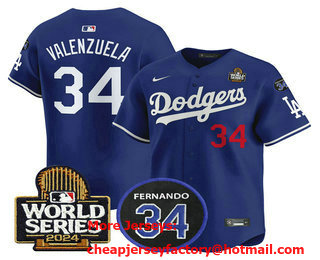 Men's Los Angeles Dodgers #34 Fernando Valenzuela Royal 2024 World Series With Fernando 34 Patch Limited Stitched Jersey