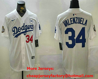 Men's Los Angeles Dodgers #34 Fernando Valenzuela White 2024 World Series With White 34 Patch Limited Stitched Jersey