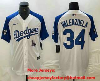 Men's Los Angeles Dodgers #34 Fernando Valenzuela White Blue Fashion Stitched Cool Base Limited Jersey 11
