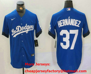 Men's Los Angeles Dodgers #37 Teoscar Hernandez Blue 2021 City Connect Cool Base Stitched Jersey