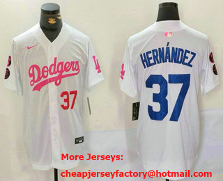 Men's Los Angeles Dodgers #37 Teoscar Hernandez Nunber White Pink With Patch Limited Stitched Jersey