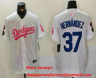 Men's Los Angeles Dodgers #37 Teoscar Hernandez White Pink With Patch Limited Stitched Jersey