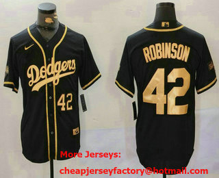 Men's Los Angeles Dodgers #42 Jackie Robinson Number Black Gold World Series Champions Cool Base Stitched Jersey