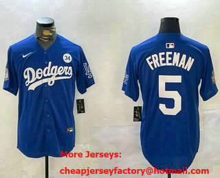 Men's Los Angeles Dodgers #5 Freddie Freeman  Blue 2024 World Series With Fernando 34 Patch Limited Stitched Jersey