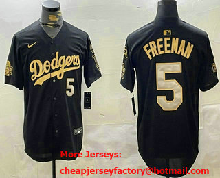 Men's Los Angeles Dodgers #5 Freddie Freeman Black Gold 2024 World Series Fernando 34 Patch Stitched Jersey