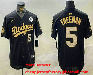 Men's Los Angeles Dodgers #5 Freddie Freeman Black Gold 2024 World Series Number 34 Patch Stitched Jersey