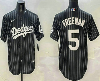 Men's Los Angeles Dodgers #5 Freddie Freeman Black Pinstripe Cool Base Stitched Jersey