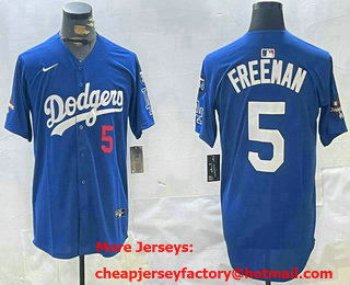 Men's Los Angeles Dodgers #5 Freddie Freeman Blue 2024 World Series Champions Fernando 34 Patch Limited Fashion Jersey