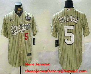 Men's Los Angeles Dodgers #5 Freddie Freeman Cream Pinstripe 2024 World Series Stitched Cool Base Jersey