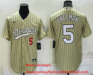 Men's Los Angeles Dodgers #5 Freddie Freeman Number Cream Pinstripe Stitched MLB Cool Base Nike Jersey