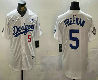 Men's Los Angeles Dodgers #5 Freddie Freeman Number White 2024 World Series With Fernando 34 Patch Limited Stitched Jersey