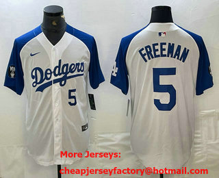 Men's Los Angeles Dodgers #5 Freddie Freeman Number White Blue Fashion Stitched Cool Base Limited Jersey 13