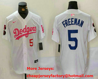 Men's Los Angeles Dodgers #5 Freddie Freeman Number White Pink With Patch Limited Stitched Jersey