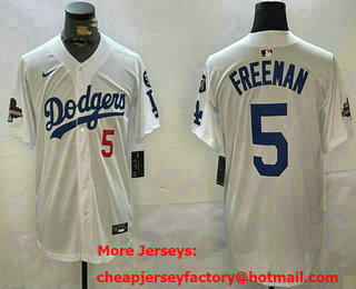 Men's Los Angeles Dodgers #5 Freddie Freeman White 2024 World Series Champions Fernando 34 Patch Limited Fashion Jersey