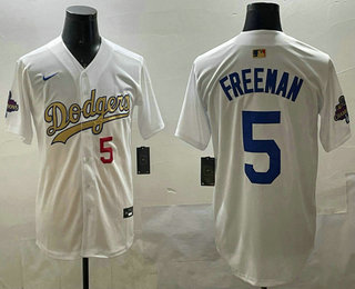 Men's Los Angeles Dodgers #5 Freddie Freeman White Gold Blue 2025 Collection Limited Stitched Jersey