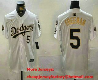 Men's Los Angeles Dodgers #5 Freddie Freeman White Gold Name 2024 World Series Champions Fernando 34 Patch Limited Jersey