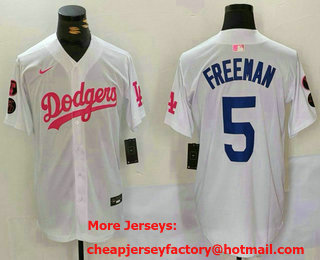 Men's Los Angeles Dodgers #5 Freddie Freeman White Pink With Patch Limited Stitched Jersey
