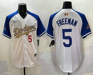 Men's Los Angeles Dodgers #5 Freddie Freeman White Royal Gold Limited Stitched Jersey