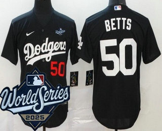 Men's Los Angeles Dodgers #50 Mookie Betts Black 2025 World Series Cool Base Jersey