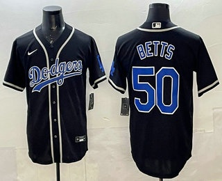 Men's Los Angeles Dodgers #50 Mookie Betts Black Blue Fashion Cool Base Jersey