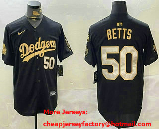 Men's Los Angeles Dodgers #50 Mookie Betts Black Gold 2024 World Series Fernando 34 Patch Stitched Jersey