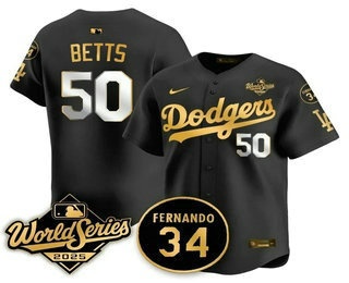 Men's Los Angeles Dodgers #50 Mookie Betts Black Gold 2025 World Series Patch Limited Stitched Jersey