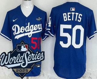Men's Los Angeles Dodgers #50 Mookie Betts Blue 2025 World Series Limited Jersey