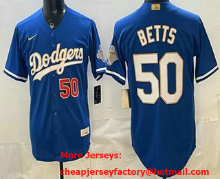 Men's Los Angeles Dodgers #50 Mookie Betts Blue 2026 Gold Collection Stadium Jersey