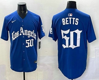 Men's Los Angeles Dodgers #50 Mookie Betts Blue Gothic Style Vapor Limited Stitched Baseball Jersey