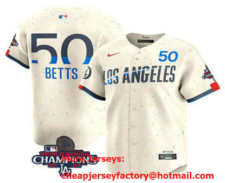 Men's Los Angeles Dodgers #50 Mookie Betts Cream 2024 World Series Champions City Connect Limited Stitched Jersey