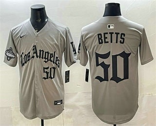 Men's Los Angeles Dodgers #50 Mookie Betts Grey LA Gothic Style 2025 World Series Champions Patch Limited Jersey