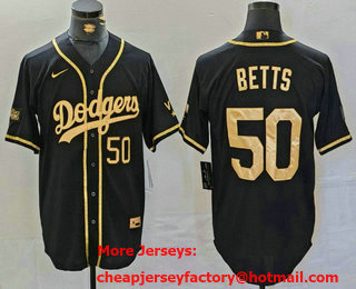 Men's Los Angeles Dodgers #50 Mookie Betts Number Black Gold World Series Champions Cool Base Stitched Jersey