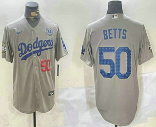 Men's Los Angeles Dodgers #50 Mookie Betts Number Grey 2024 World Series Fashion Cool Stitched Jersey
