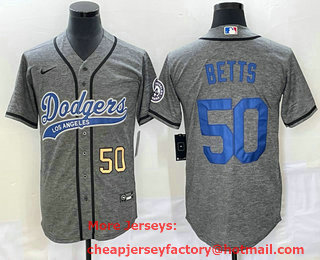Men's Los Angeles Dodgers #50 Mookie Betts Number Grey Gridiron Cool Base Stitched Baseball Jersey