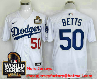 Men's Los Angeles Dodgers #50 Mookie Betts Number White 2024 World Series Limited Stitched Jersey