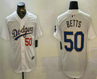 Men's Los Angeles Dodgers #50 Mookie Betts Number White Gold Cool Base Stitched Jersey